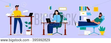 Vector Set Of Business People Working In Office. Comfortable Working Concept. Vector Illustration In