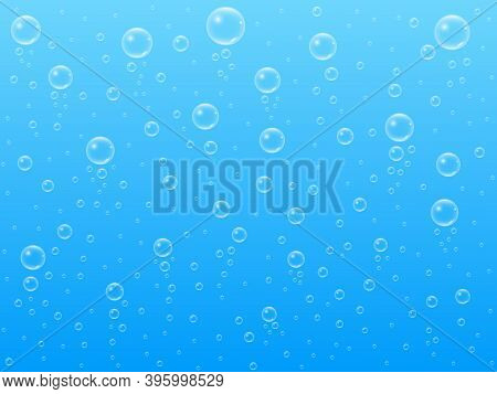Bubbles On Blue Backdrop. Floating Bubbles With Reflection. Deep Ocean Or Sea Concept. Underwater Ef