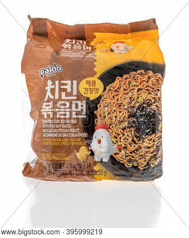 Winneconne, Wi -15 November 2020:  A Package Of Paldo Stir Fried Chicken Noodle On An Isolated Backg