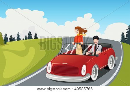 Coppia guida un'auto in corso A Road Trip