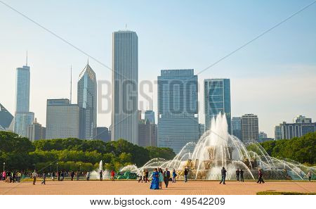 Chicago Downtown Cityscape With Buckingham Fountain At Grant Park