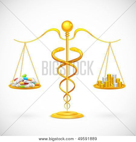 illustration af slangestav stråle balance med medicin og mønt