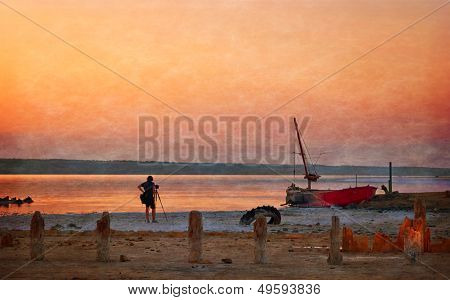 Shore Of The Lake At Sunset, Imitation Paper Texture