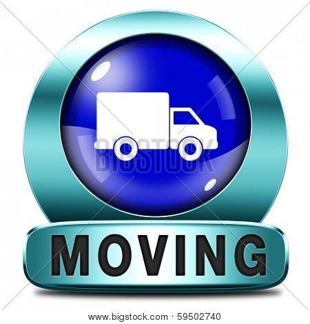 Moving or relocation blue icon a van or truck to relocate to other house or location a button or icon