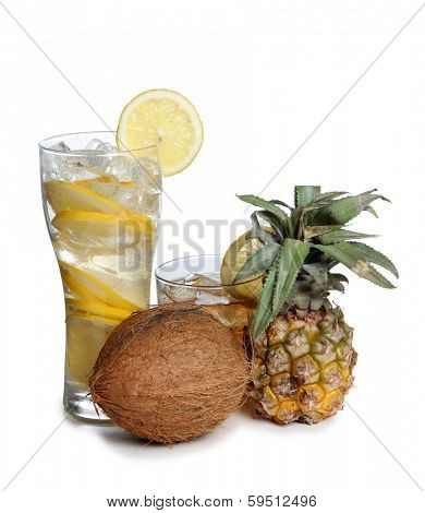 Cocktail and cocoanut on white background