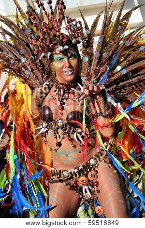 Sesimbra, Portugal - February 12, 2013: Queen of the Bateria (musical section). The most beautiful woman of each Samba School parade in the Brazilian Carnival on Feb/12/2013 in Sesimbra, Portugal