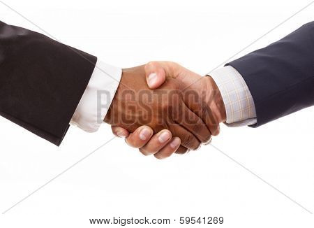 Handshake between african and a caucasian business man, isolated on white