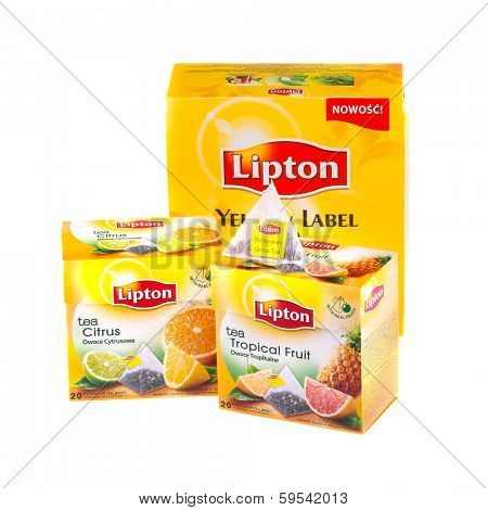 KRAKOW, POLAND - FEB 8, 2014: Studio shot packs of tea Lipton in assortment isolated on white. Lipton is a world famous brand of tea - company founded 1890 and named after its founder Thomas Lipton.