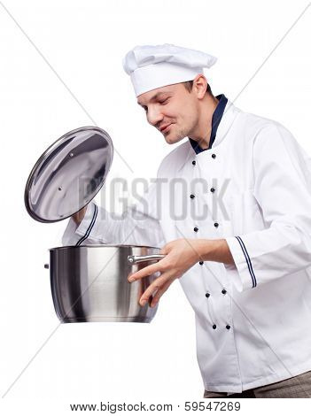 happy chief with pot in his hand isolated over white