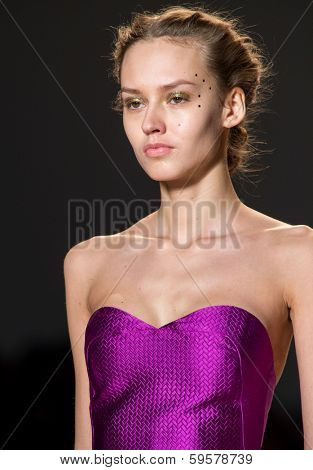 NEW YORK-FEB 9: A model walks the runway at the Lela Rose fashion show during Mercedes-Benz Fashion Week at The Salon at Lincoln Center on February 9, 2014 in New York City.
