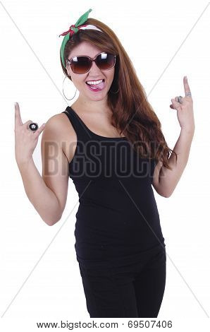 Beautiful young red haired girl wearing black top and pants
