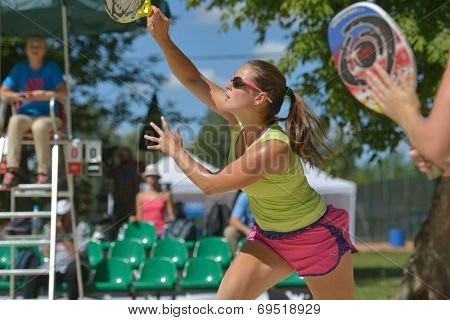 MOSCOW, RUSSIA - JULY 20, 2014: Dorothee Berreth of Germany in the match for 3rd place against Russia during ITF Beach Tennis World Team Championship. Russia won 3-0