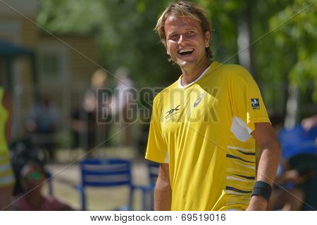 MOSCOW, RUSSIA - JULY 20, 2014: Vinicius Font of Brazil before the final match against Italy during ITF Beach Tennis World Team Championship. Italy won 2-0