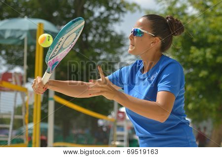 MOSCOW, RUSSIA - JULY 18, 2014: Federica Bacchetta of Italy in the match against France during ITF Beach Tennis World Team Championship. Italy won 2-0