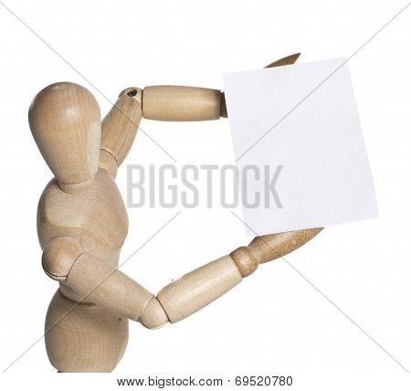 Wooden Dummy With A Visit Card Isolated On White Background