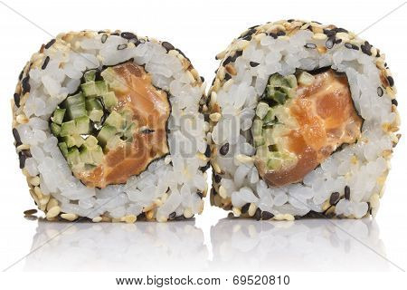 Sushi Roll With Sesame Isolated On White Background