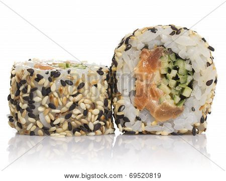 Sushi Roll With Sesame Isolated On White Background