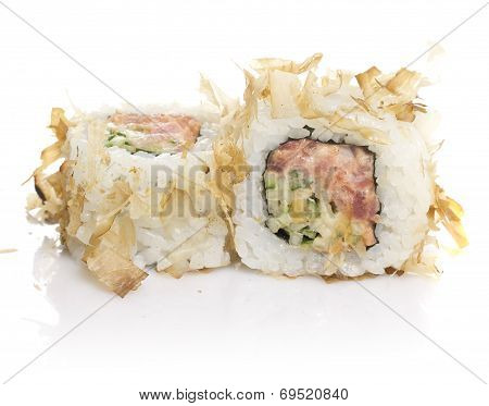 Sushi Roll With Tuna Shavings Isolated On White Background