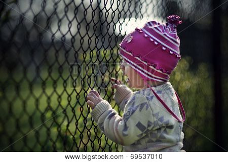 Little child behind a fence