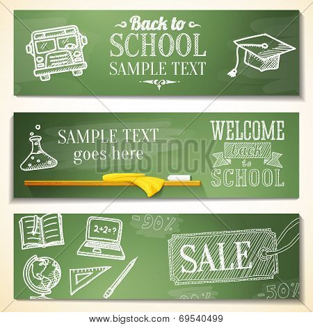 Welcome back to school messages on the chalkboard. Drawings - globe, notebook, book, graduation cap,