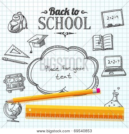 Back to school message on paper with speech bubble for your text. With drawings of - globe, notebook
