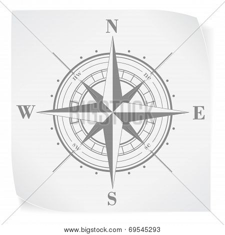 Compass rose over white paper sticker isolated on white