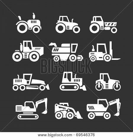 Set Icons Of Tractors, Farm And Buildings Machines, Construction Vehicles