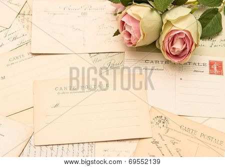 Vintage Postcards And Rose Flowers. Old Love Letters
