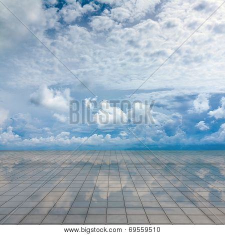 blue sky and miror floor, cloudy background