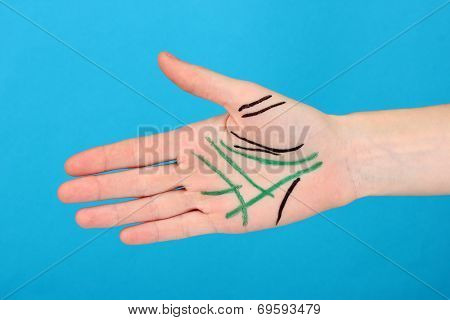 Chiromancy.Color contours on palm, on color background