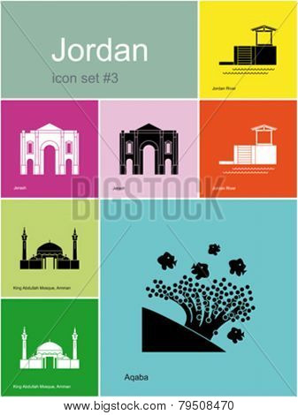 Landmarks of Jordan. Set of color icons in Metro style. Editable vector illustration.