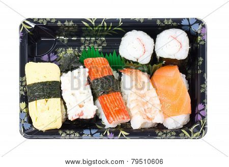 Sushi Set In Stylish Tray Isolated On White