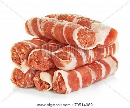 Sausages Wrapped In Bacon, Chevapchichi Isolated On White Background