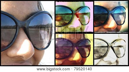 Collage of a girl wearing glasses with vintage effects