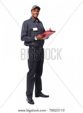 African-American postman isolated on white background