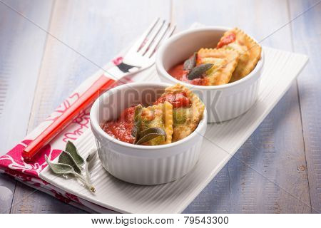 fried ravioli with tomatoes sauce, selective focus