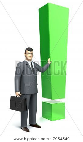 เครื่องหมายอัศเจรีย์และนักธุรกิจการสร้างภาพ 3D