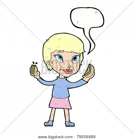 cartoon woman eating hot dogs with speech bubble