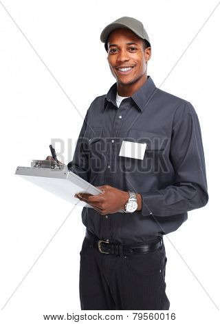 African-American postman isolated on white background