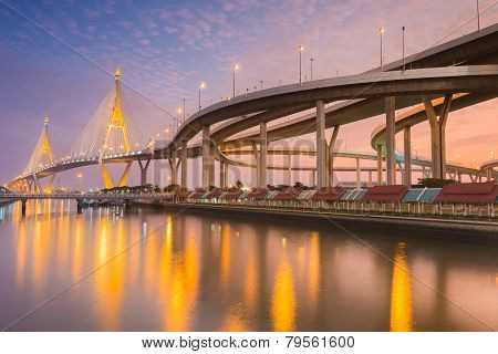 Industrail Ring Bridge across the river at twilight time