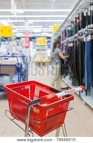 Empty Red Shopping Cart Auchan Store