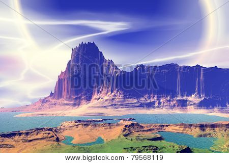 3D Rendered Fantasy Alien Planet. Rocks And Lake