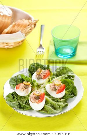 沙拉盘 letuce 鸡蛋金枪鱼和橄榄