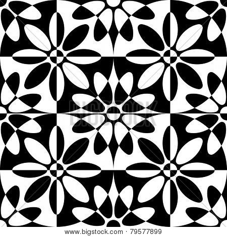 Abstract Flower Pattern. Vector Seamless Background. Regular Black and White Texture