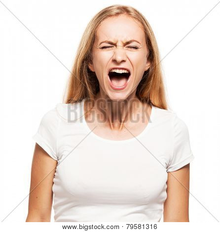Screaming woman isolated on white bacjground. Emotional stress, problems, frustration, hysterical, desperation