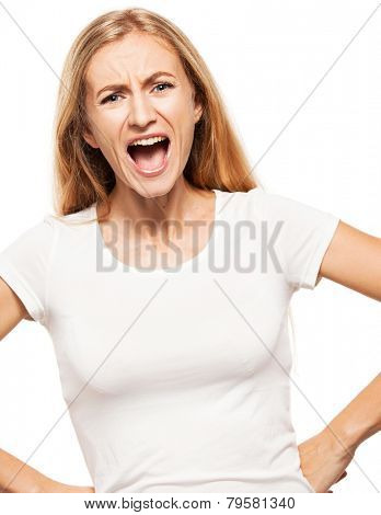 Screaming woman isolated on white bacjground. Emotional stress, problems, frustration. 