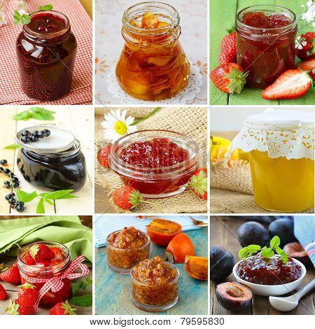 collage of different kinds of jam (strawberry, currants, raspberries, persimmons, plum)