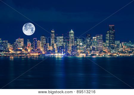 Seattle And The Moon Skyline