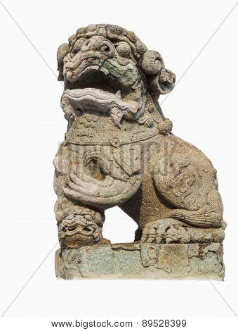 Chinese Lion Carved Out Of Rock Isolated With White Background From Wat Phra Kaew