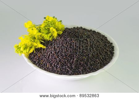 heap of Brown Mustard seeds and mustard flower